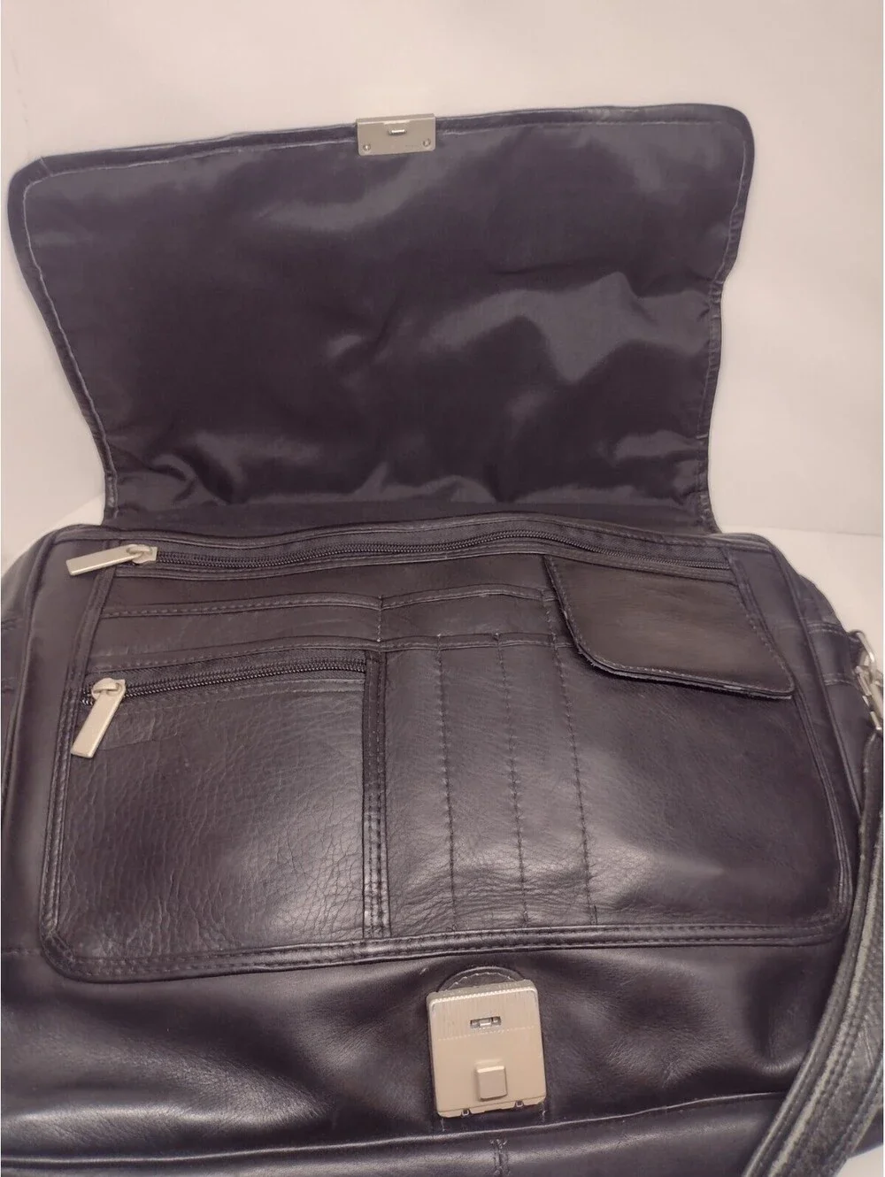 90s Black Genuine Leather Expandable Briefcase Amiet Swiss Lock Executive Bag